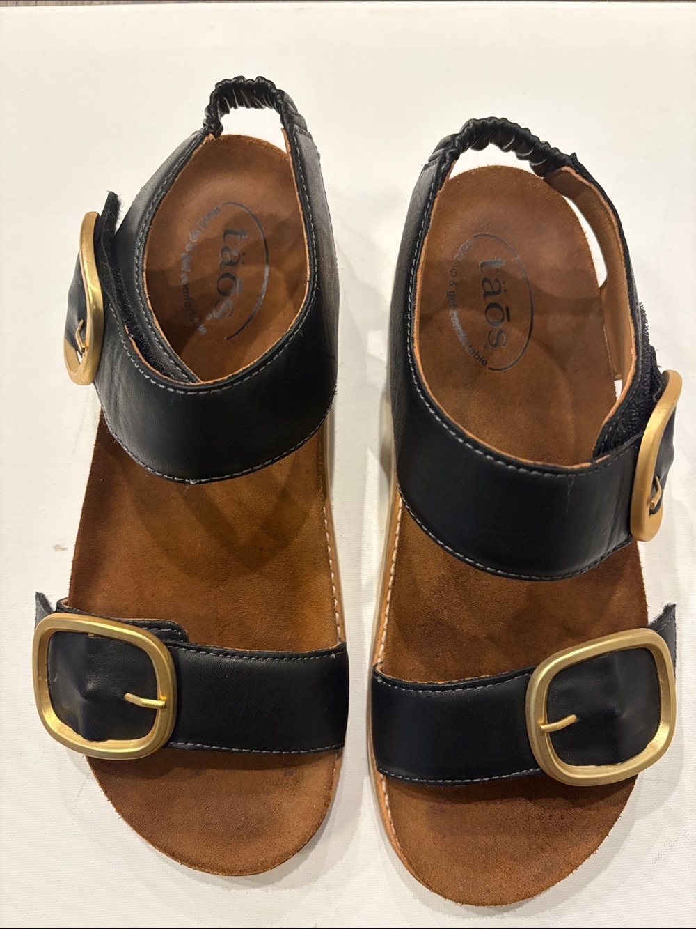 Taos On the Double Black Leather Sandals with Gold Buckles